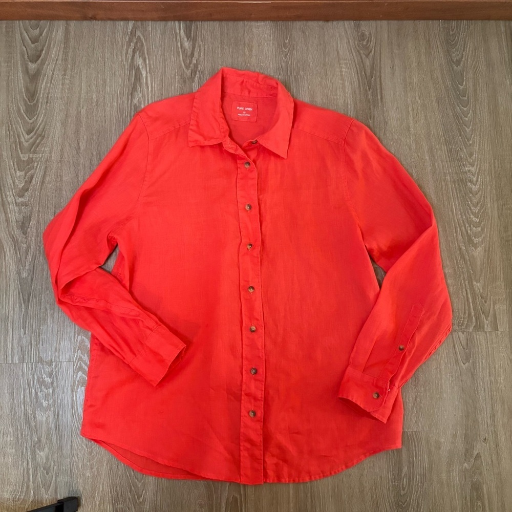 Apple Red Pure Linen Button Up Shirt Long Sleeve 100% Linen Size 10 Classic Prep